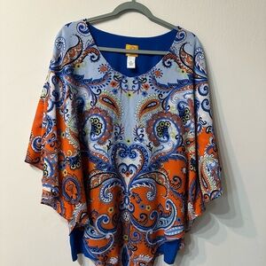 Ruby Rd. Blue Orange Paisley Print Scoop Neck 3/4 Sleeve Tunic Blouse Women's 1X
